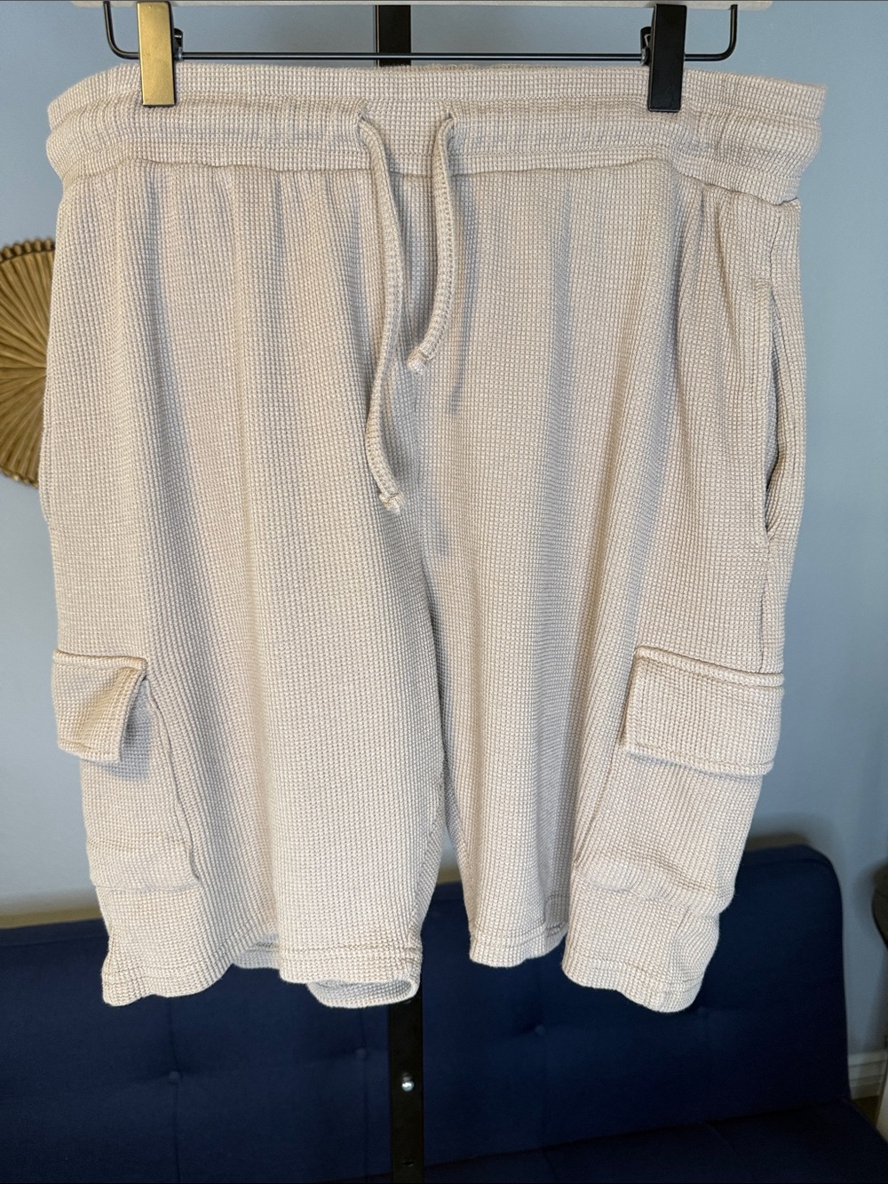 BoohooMAN 100% Cotton Textured Waffle Knit Cargo Drawstring shorts Tan size XL
